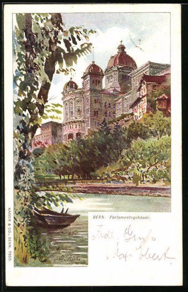 Cartoline postali: Bern, Uferpartie am Parlamentsgebäude – Usato da Berlin venduto da bartko-reher