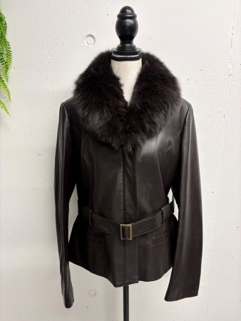 Maison 123 Lederjacke mit Fellkragen Gr. 42 dunkelbraun