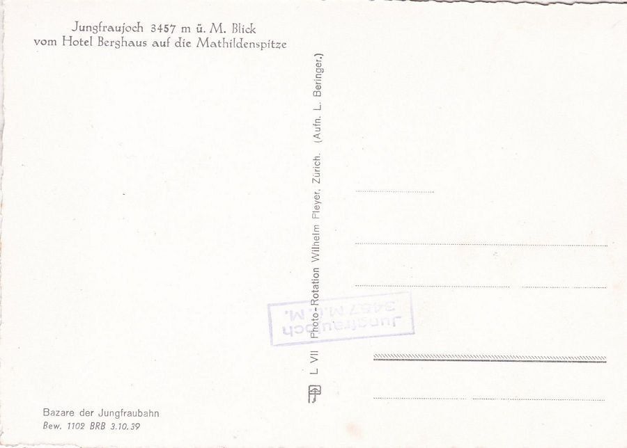 Cartoline postali: Jungfraujoch, Blick an Mathildenspitze, um 1945 – Usato da Frauenfeld venduto da POML 1