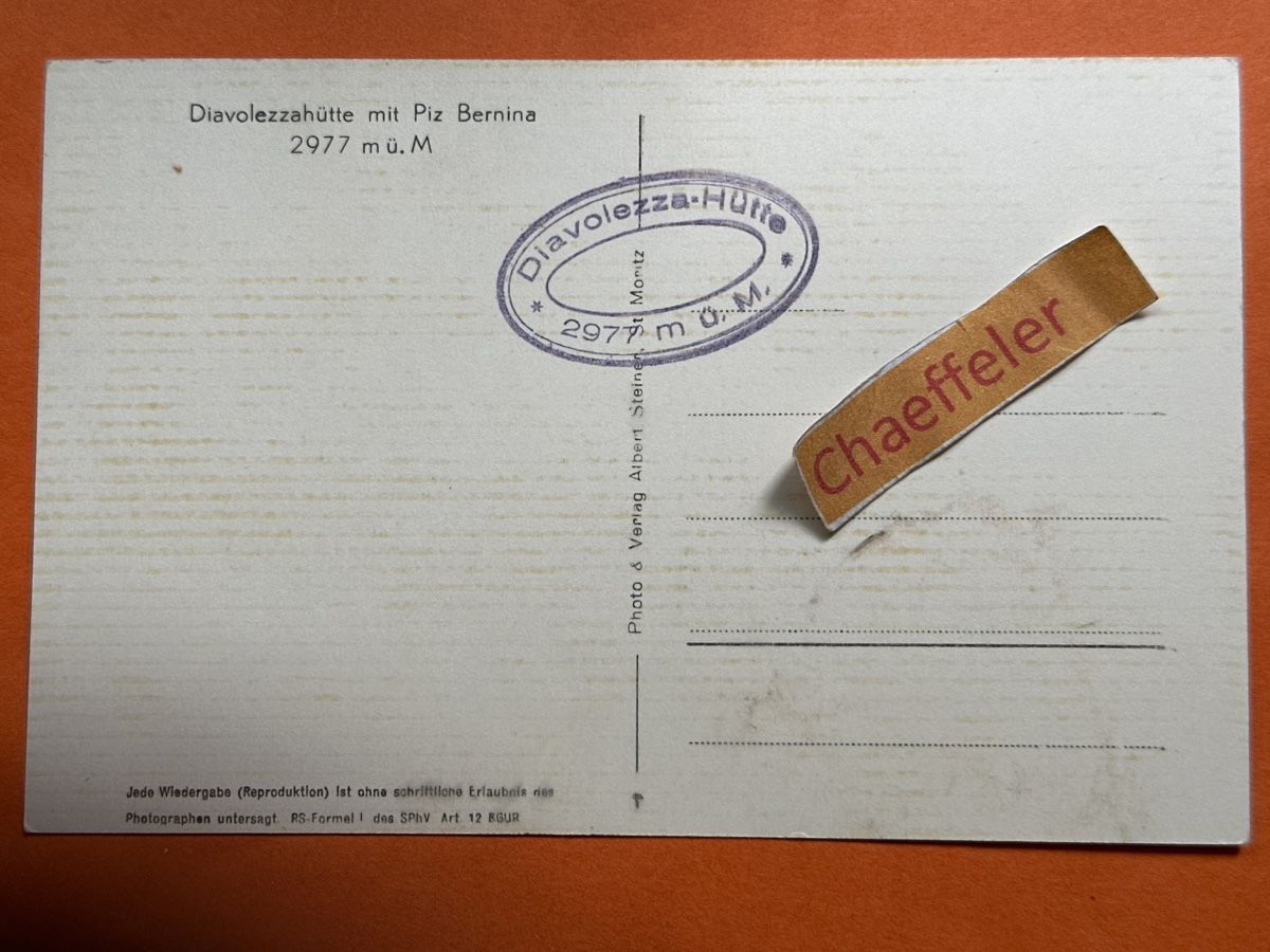 Cartoline postali: Diavolezzahütte mit Piz Bernina – Usato da Zürich venduto da Chaeffeler 1