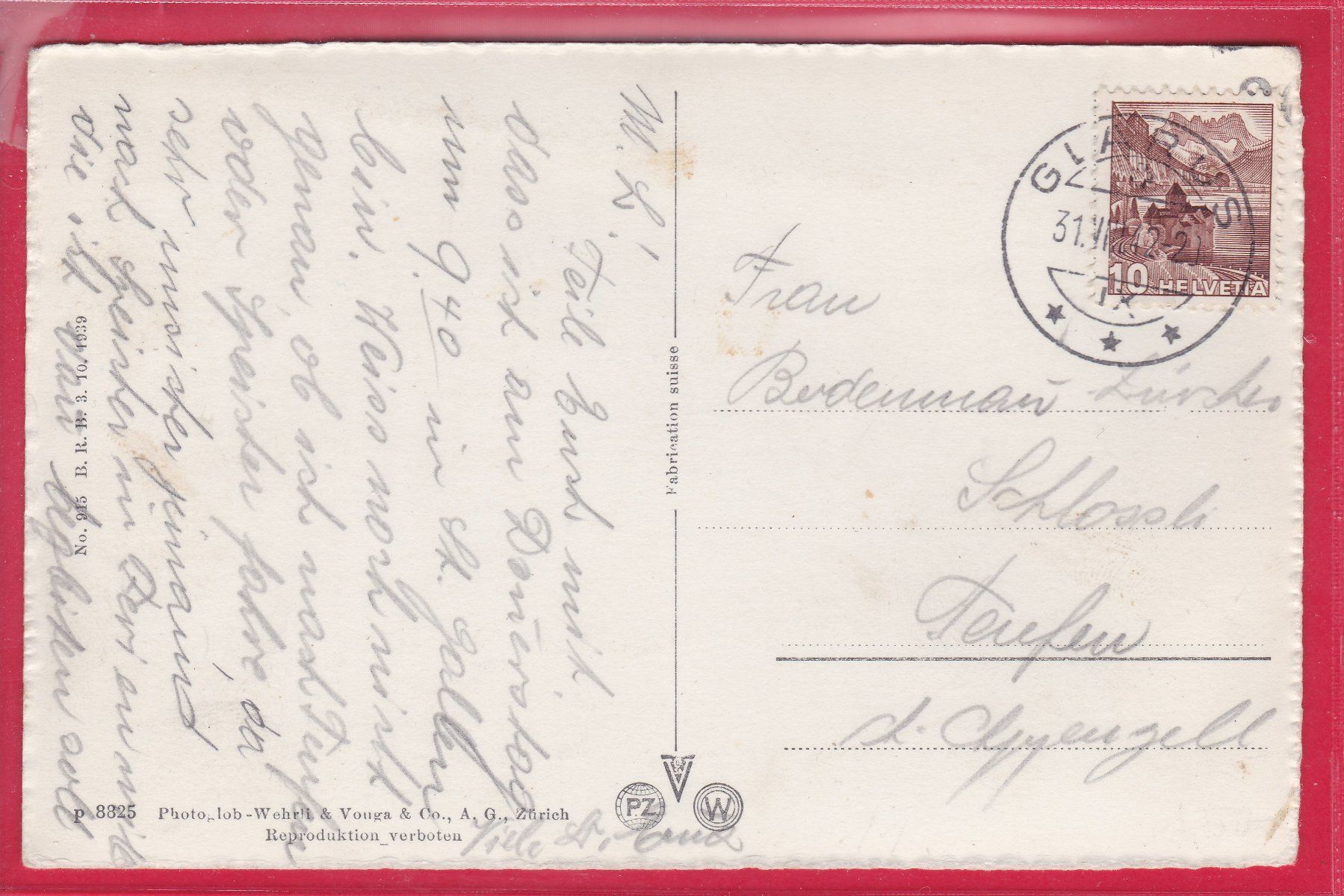 Ansichtskarten: KLÖNTALERSEE, 31.8.1942 – Gebraucht aus Oberrieden von Gebirgsstelze 1