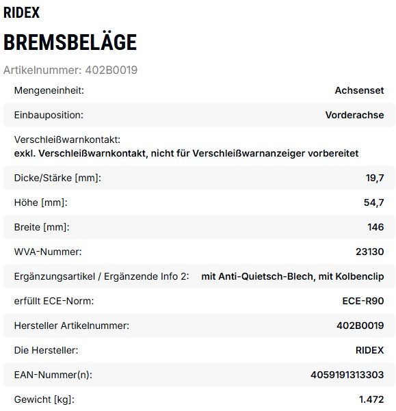 Toutes les pièces auto: Bremsbeläge Ridex – Neuf avec emballage d'origine à Horn par Gafner92 2
