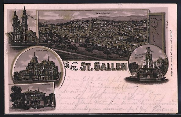 Cartoline postali: Litho St. Gallen, Kathedrale, Unionbank, – Usato da Berlin venduto da bartko-reher