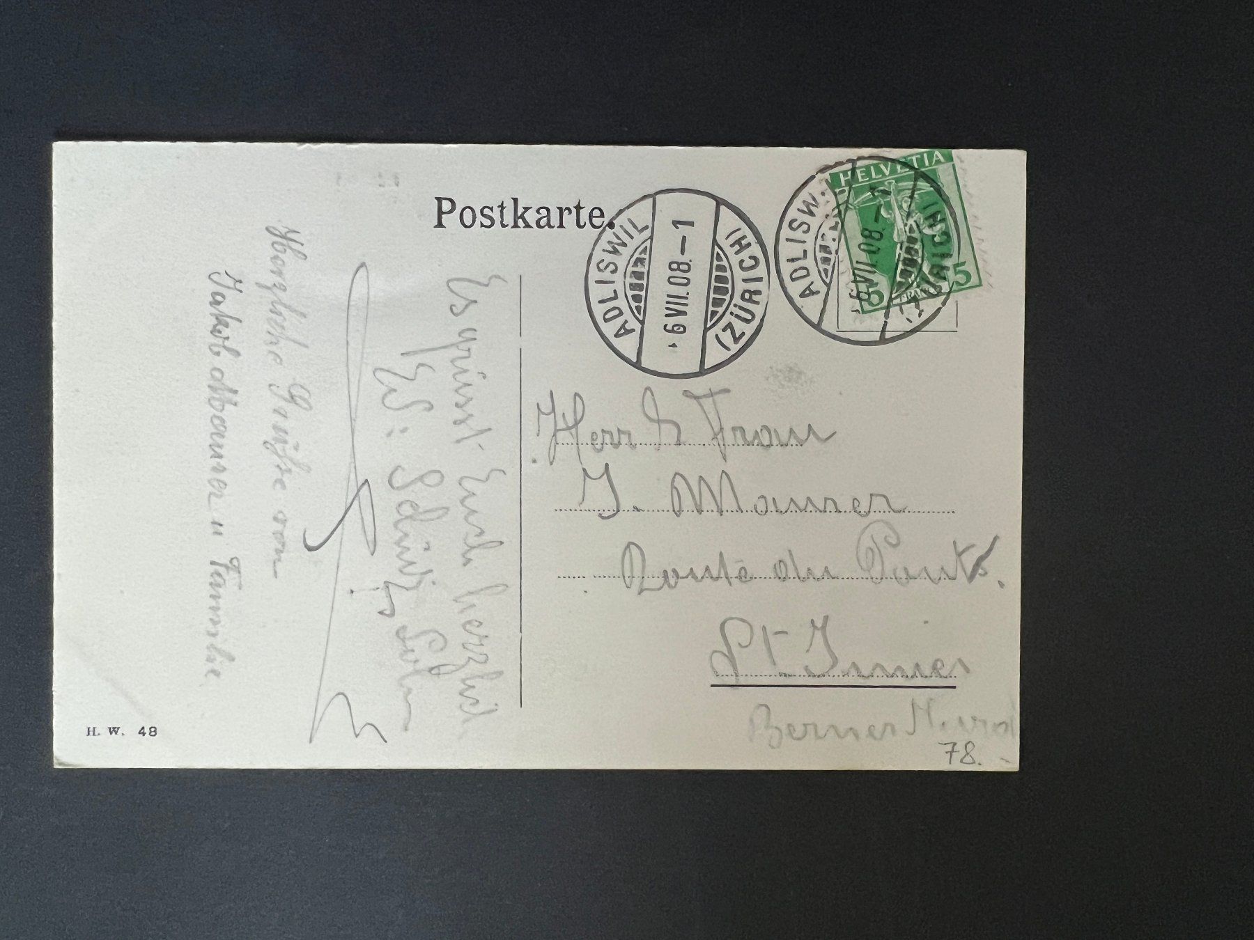 Cartoline postali: Postkarte Adliswil 1908  (V613) – Usato da Hinwil venduto da Sidi4 1