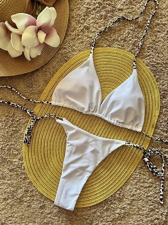 🏝️Weisser Bikini mit Leo-Baendern - Gr.S  - Gratis Versand