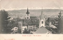 Biel (BE) Stadtansicht mit Kirchen und Alpen im Hintergrund