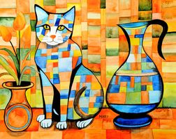 Original Aquarell Stillleben Katze Vase Tulpen