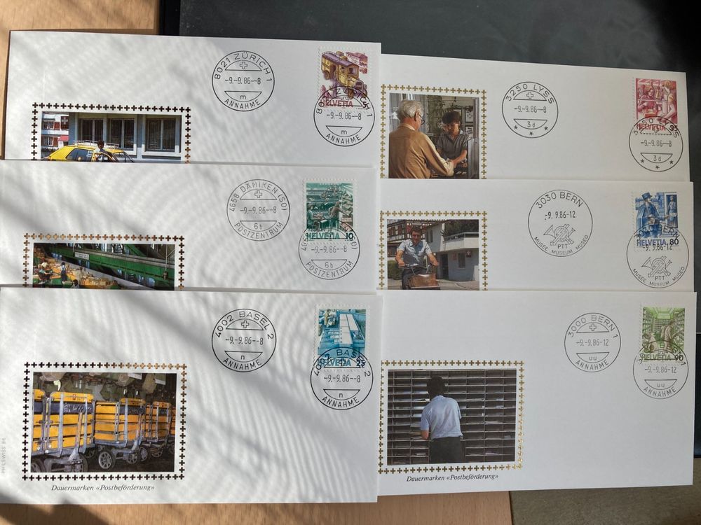 CH 1986 FDC Satz Post Ortsstempel Däniken Bern Zürich Basel (Gebraucht ...