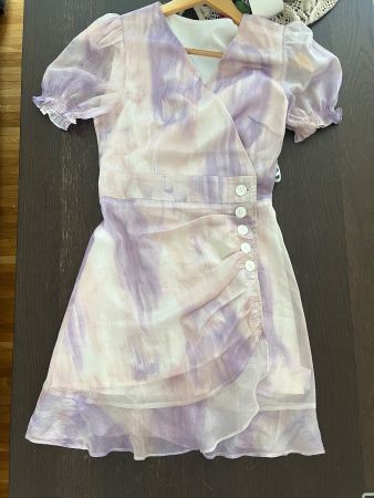 Wrap dress purple white tie-dye print size S