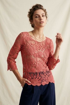 Vintage Haut Crochet Rouge Manches 3/4 T. M/L