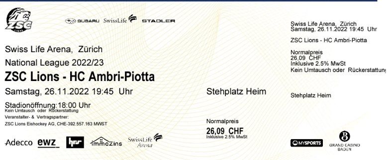 2 Tickets Für ZSC Lions - HC Ambri-Piotta | Kaufen Auf Ricardo