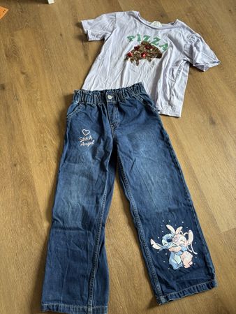 H&M Mädchen Set: Jeans mit Stitch & Pizza Shirt, Gr. 128