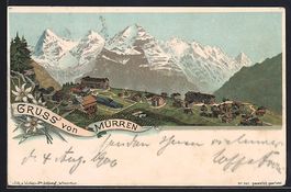Lithographie Mürren, Totalansicht, 1900