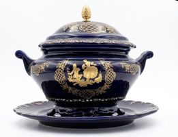 Grosse Suppenterrine R. Limoges Goldrand Blau mit Deckel