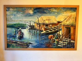 Gemälde Afrika romantisches Dorf am Wasser gerahmt 131x81cm