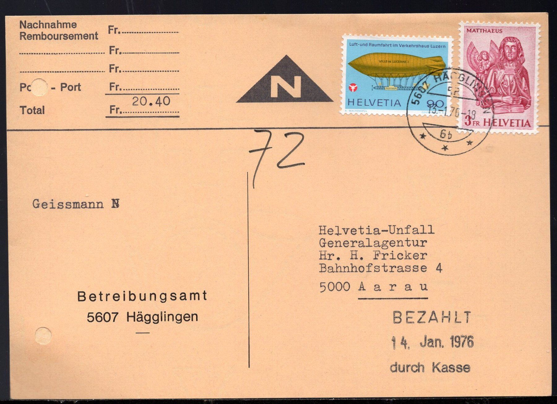 Alle Briefmarken: Hägglingen, 13.1.76  Nachnahme – Gebraucht aus Aarau von kufi44