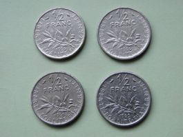 4x 1/2 Franc (50 centimes) France 1965, 1966, 1968, 1969