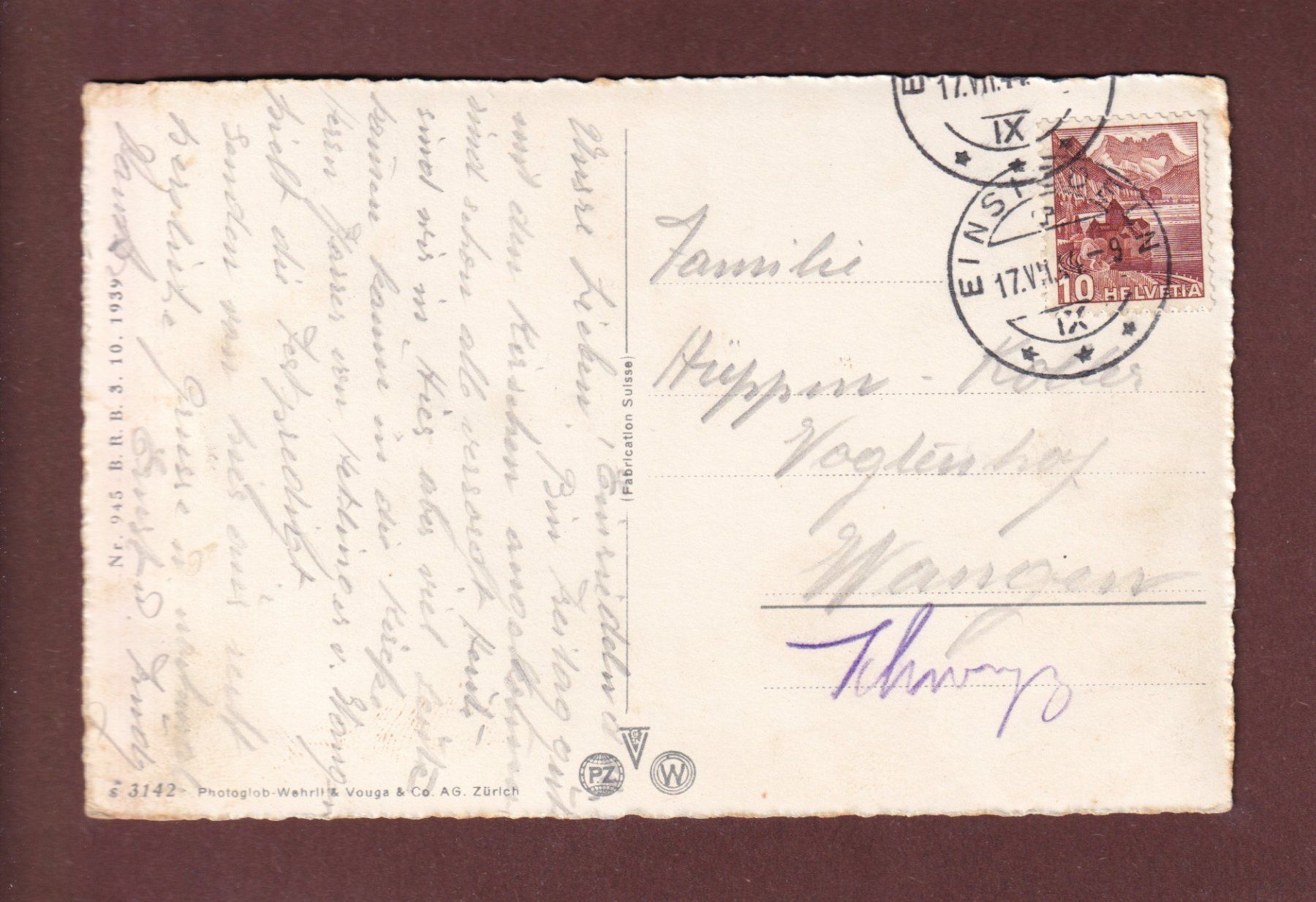 Cartoline postali: EINSIEDELN - Sihlsee - 1944 – Usato da Pully venduto da nicecards-shop 1