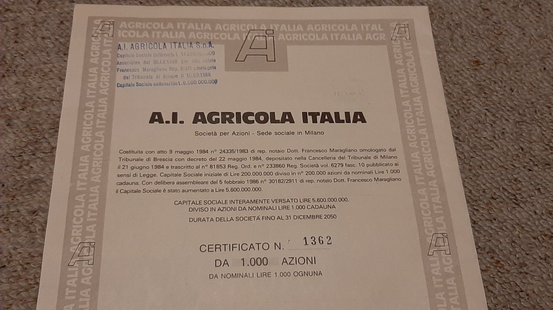Documenti: Aktie A.I. Agricola  Italia – Nuovo (secondo la descrizione) da Porza venduto da ulletta1 3