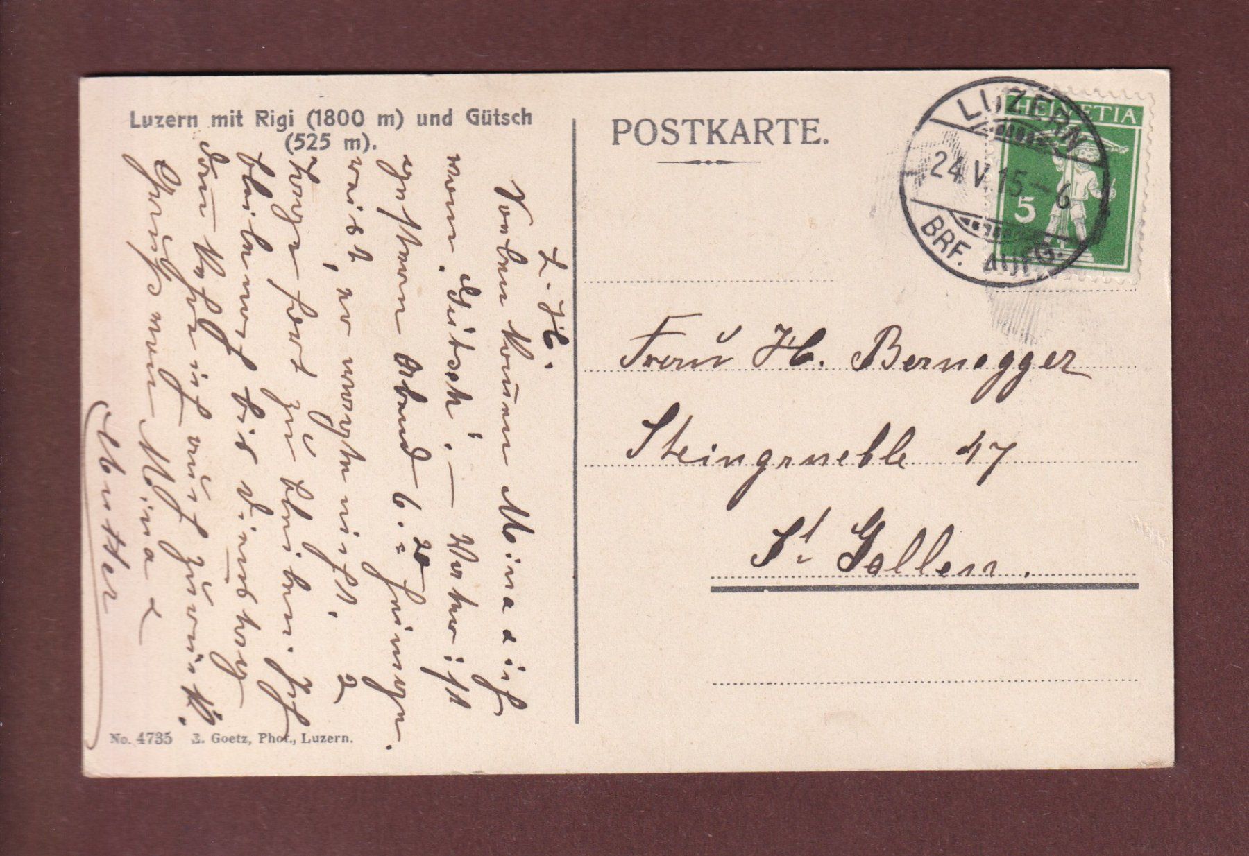 Cartoline postali: LUZERN - Rigi und Gütsch - 1915 – Usato da Pully venduto da nicecards-shop 1