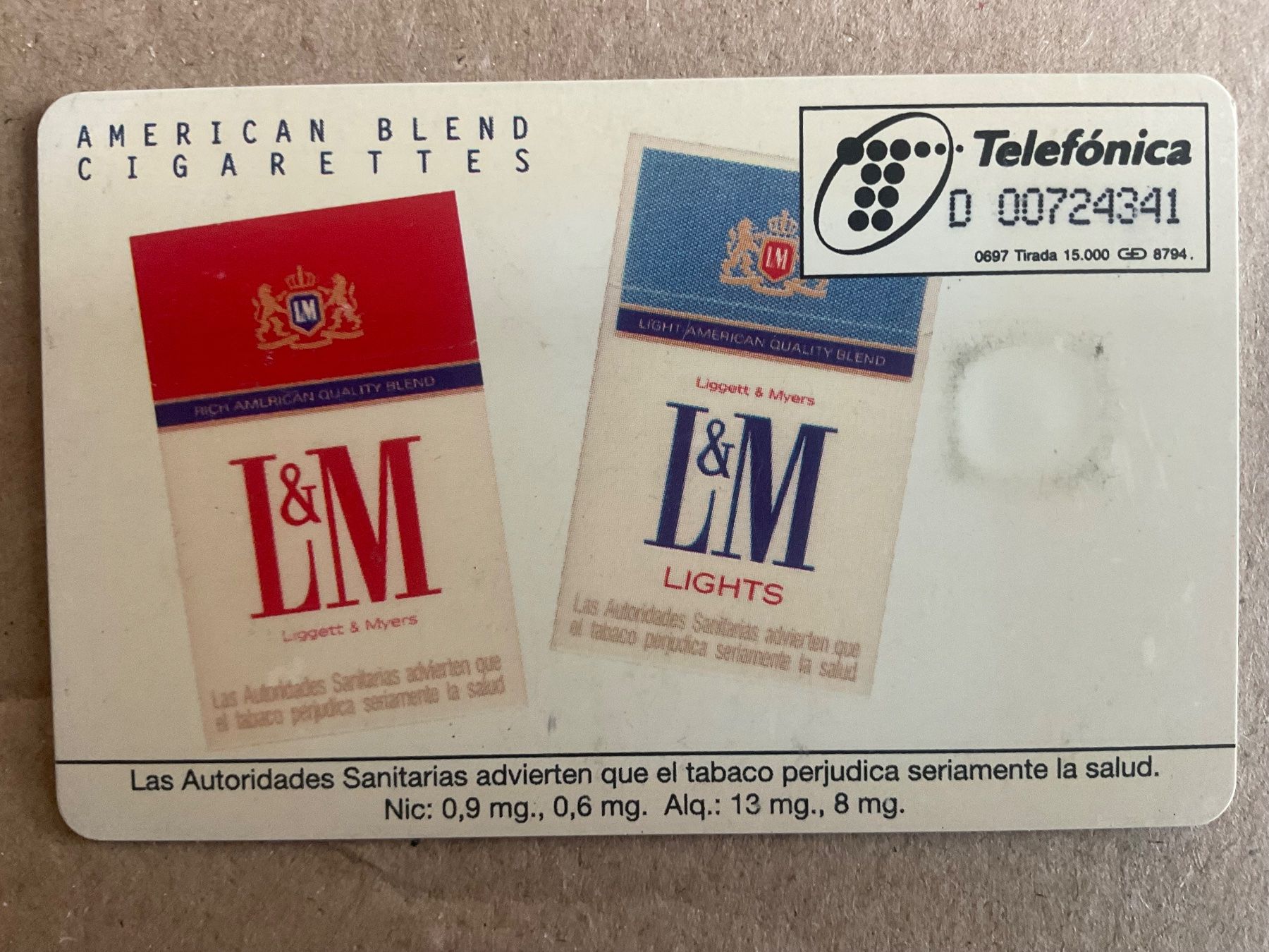 Schede telefoniche: Telefonkarte Spanien, American Blend Cigarettes – Usato da Zürich venduto da Tolima194 1