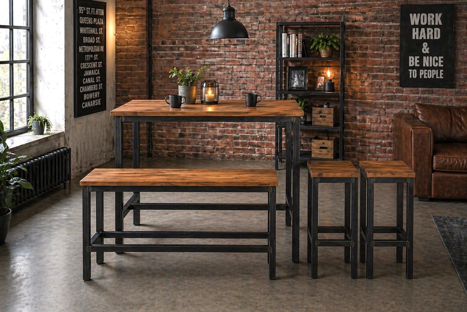 Set di tavolo e panche: Robuster Stehtisch mit Sitzbank, 2 Hocker, Holz und Stahl – Usato da Erlen venduto da mat_jm2f 5
