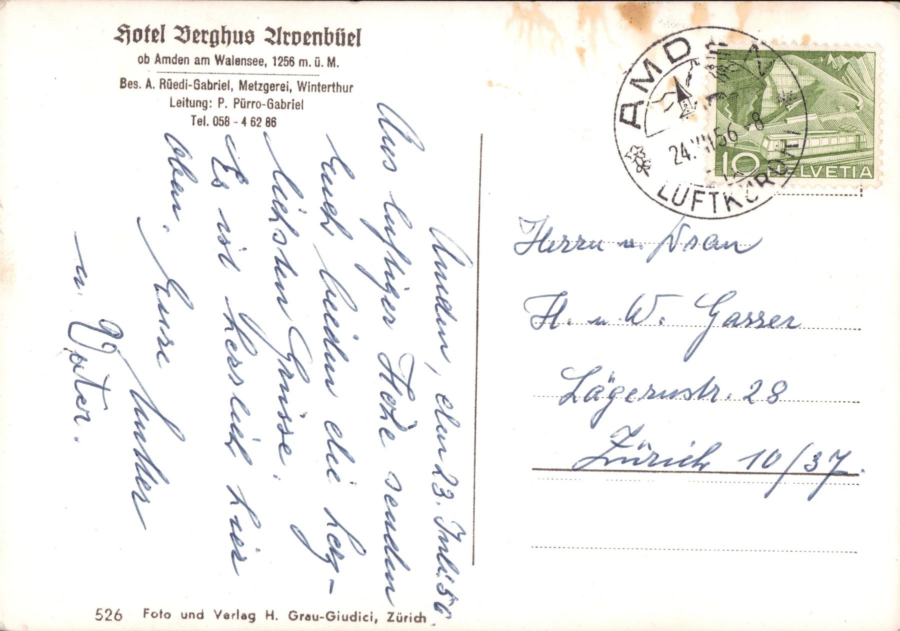 Cartoline postali: 1956 Amden - Hotel Berghus Arvenbüel – Usato da Eggersriet venduto da stamp303 1