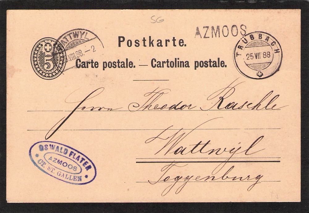 Stabstempel Azmoos 25.Vll.1888 nach Wattwil auf 5 Rp Postkar (Gebraucht ...