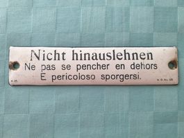Altes Email-Schild SBB Wagen Nicht hinauslehnen Schweiz