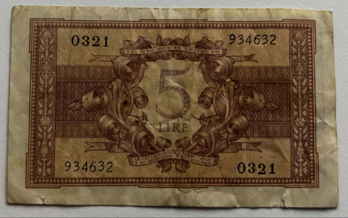 Banconote: Italien 5 Lire 1944 – Usato da Algetshausen venduto da Carrhard 1