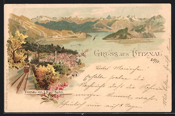 Cartoline postali: Litho Vitznau, Ortsansicht mit Rigi-Bahn – Usato da Berlin venduto da bartko-reher