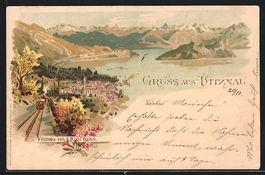 Litho Vitznau, Ortsansicht mit Rigi-Bahn