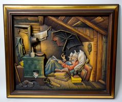 Carl Spitzweg: Der arme Poet in Holz geschnitzt