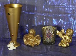 Metallvase Kerzenglas und 3 Keramik Engel