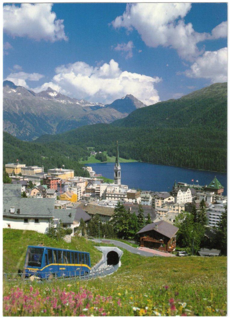 Ansichtskarten: St. Moritz mit Standseilbahn Chantarella – Gebraucht aus Binningen von Mountainrider