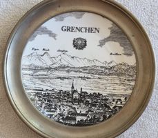 Zinn Teller mit 95% Zinn, Stadtansicht Grenchen und Bergen
