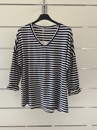 Langarmshirt V-Ausschnitt / Weiss-Blau / One Size 36/38