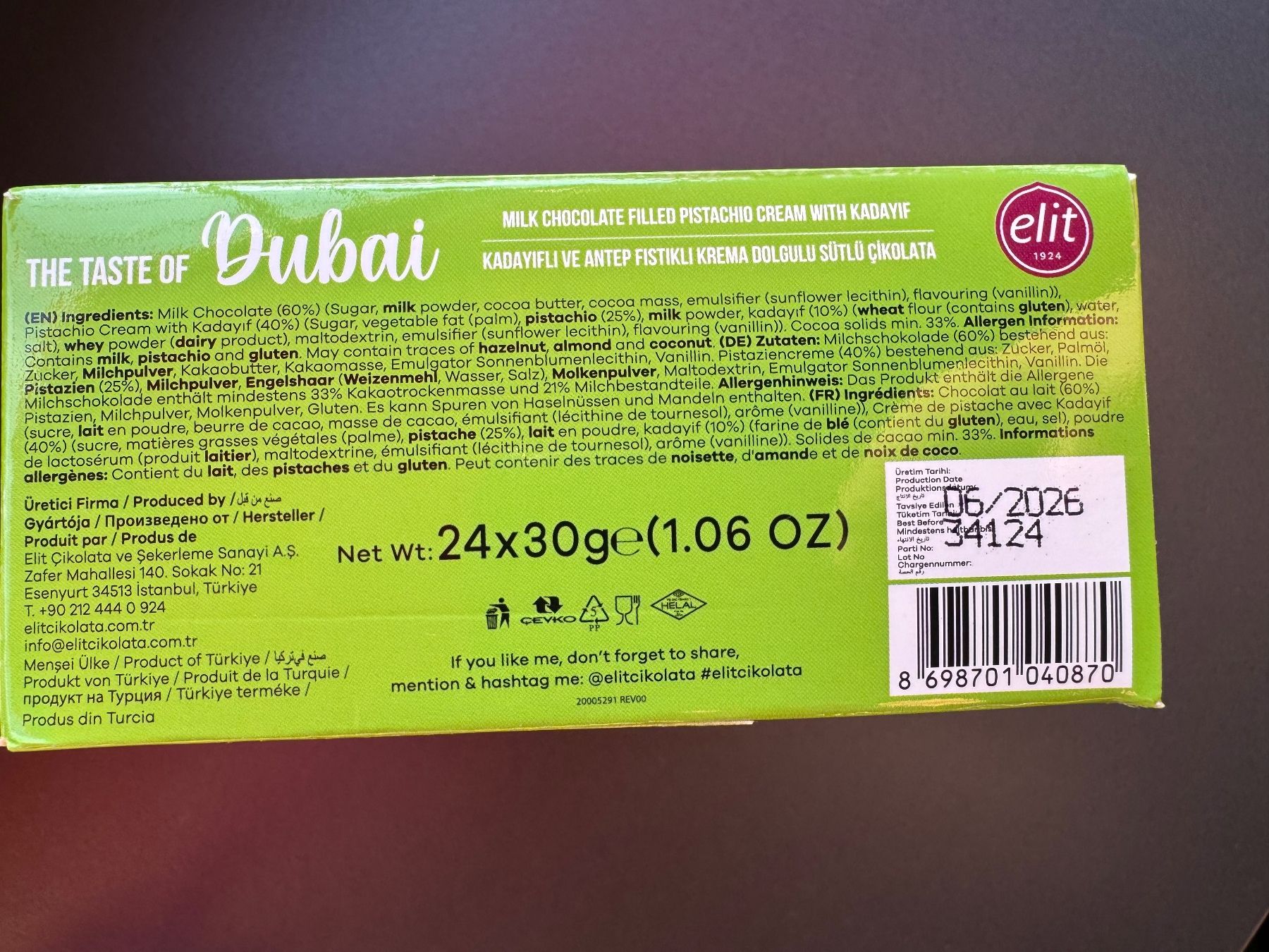 Cibi & Specialità: Dubai Schokolade 24x30gr.  (720gr) – Nuovo e nell'imballaggio originale da Moosseedorf venduto da SDmedia 2