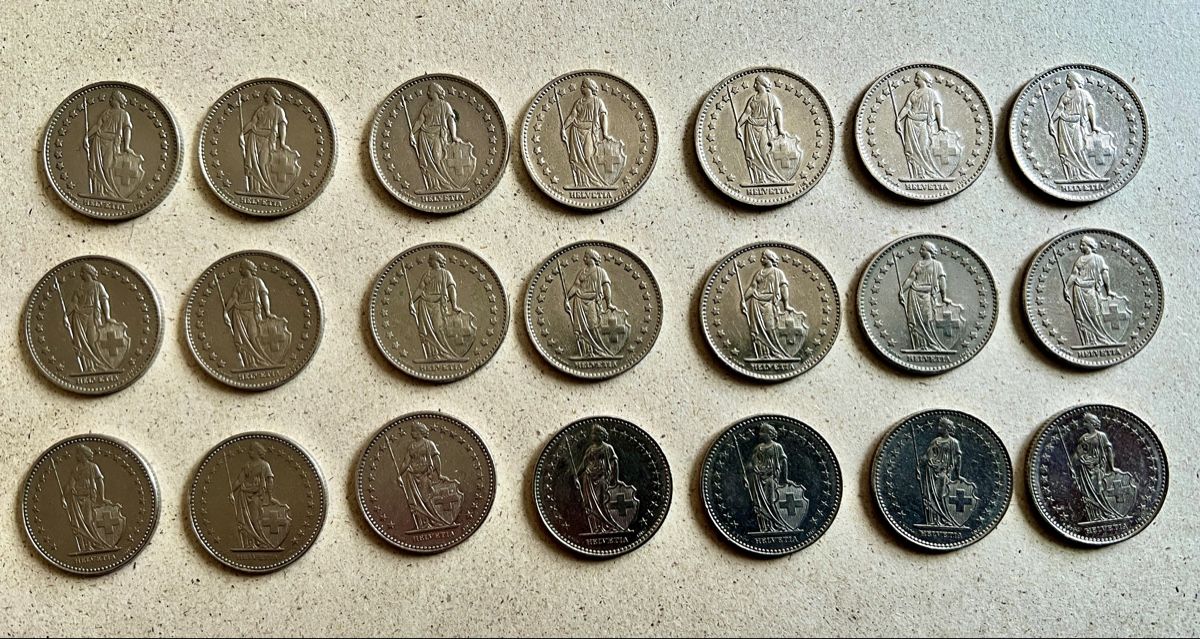 Tutti le monete: 21 x 1Fr.CH 1968 -1989 vollständig. – Usato da Muotathal venduto da OttoK01 1