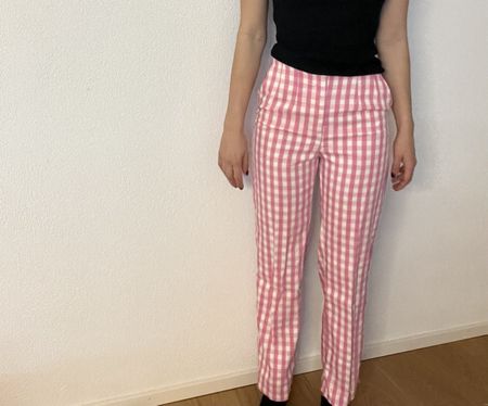 Rosa karierte High Waist Stoffhose Gr. 34