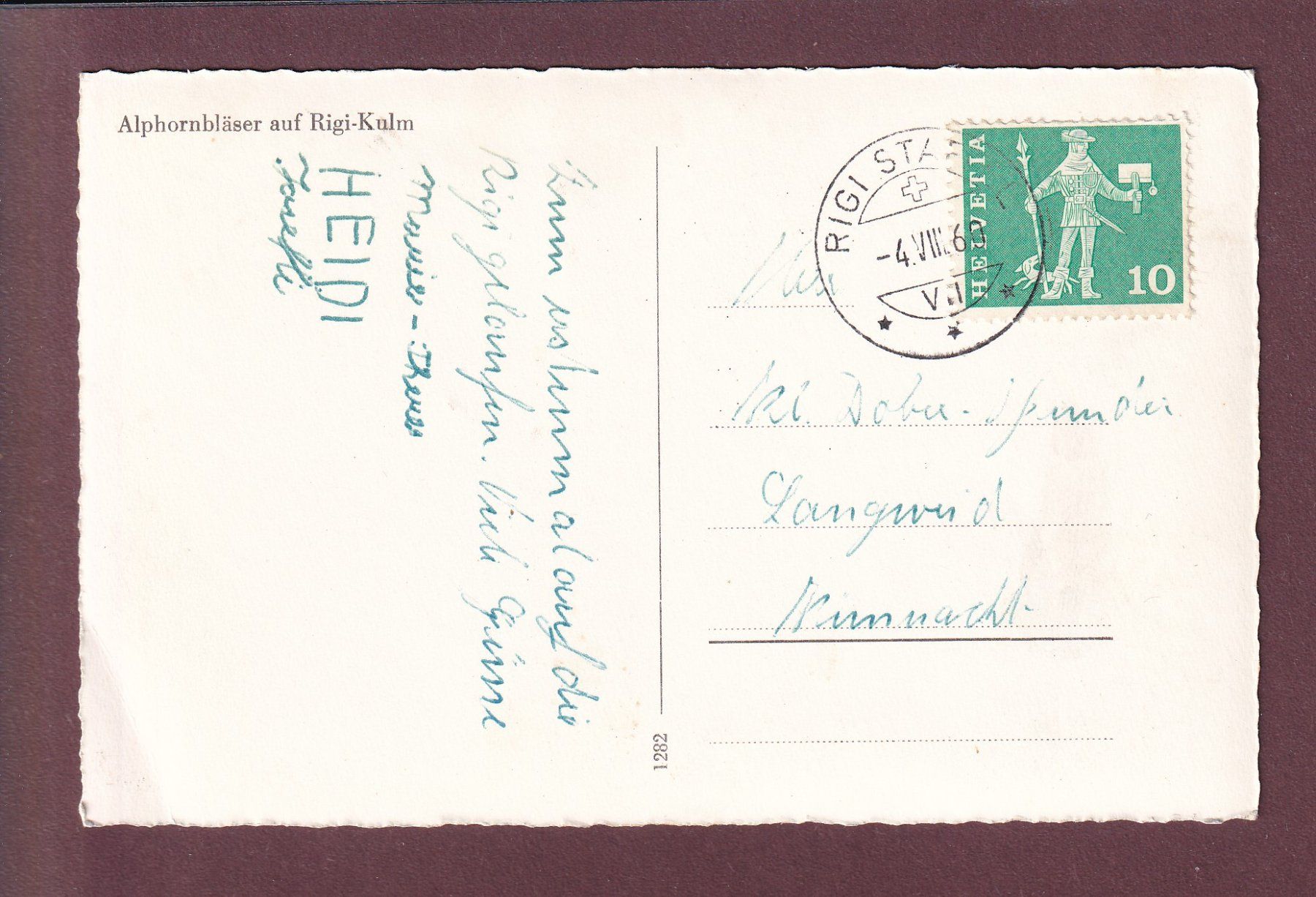 Cartoline postali: RIGI-KULM - Alphornbläser - 1960 – Usato da Pully venduto da nicecards 1