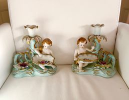 Antike Porzellan Engel Figuren Kerzenständer signiert 2 St.