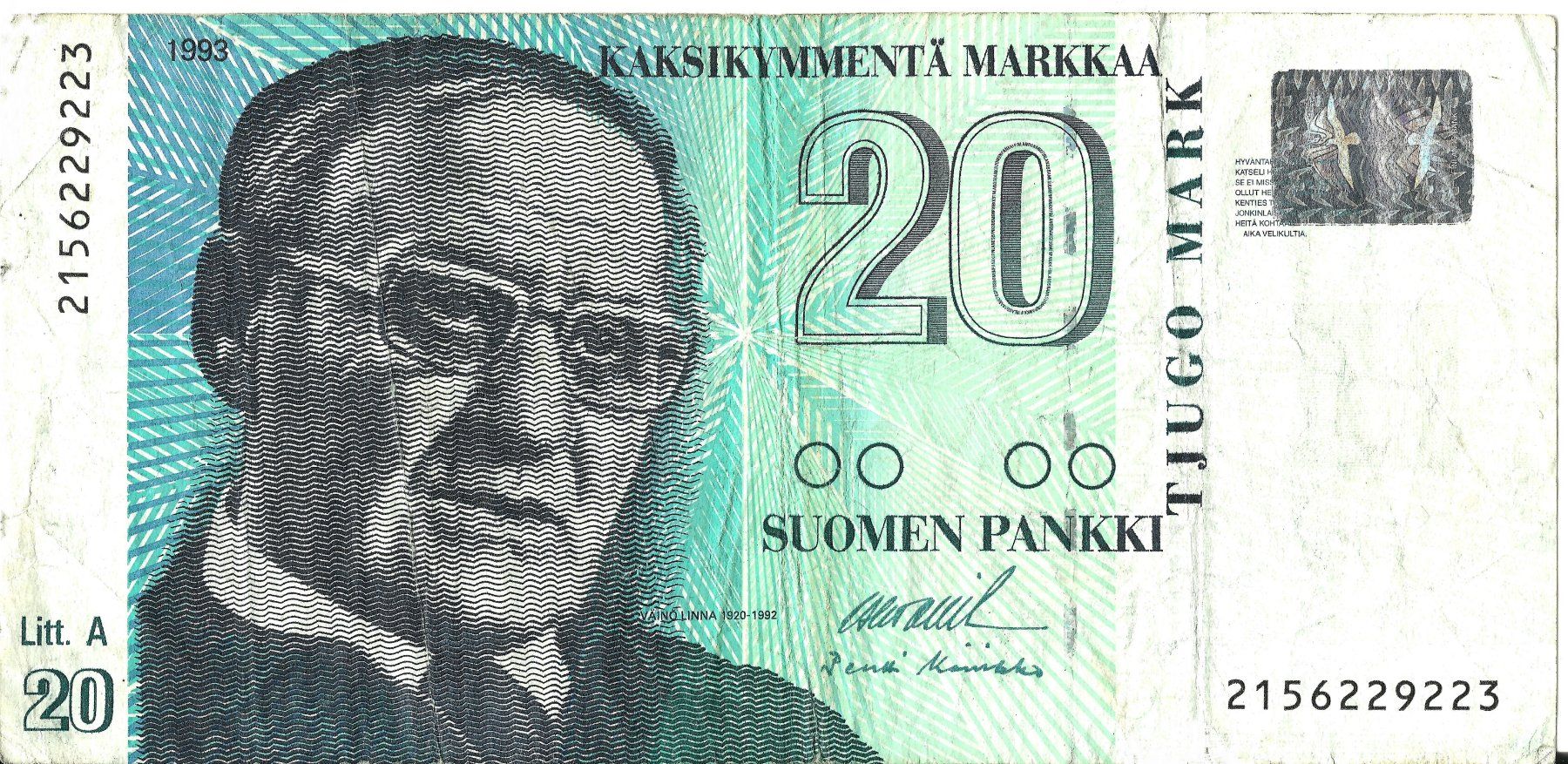 Banconote: 20 Markkaa Banknote Finland 1993 – Usato da Volketswil venduto da IvanBerton1974