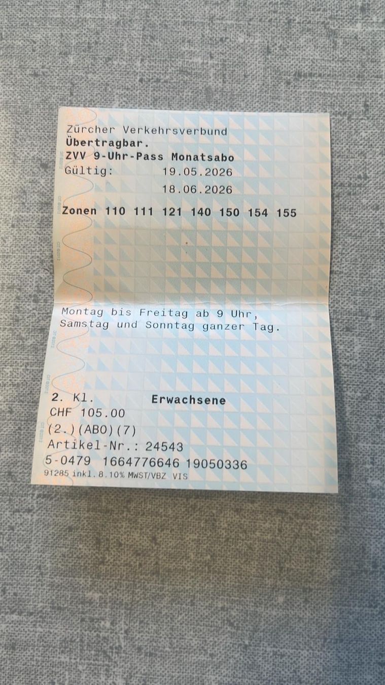 Biglietti: ZVV 9 uhr pass Gemass bild – Usato da Regensdorf venduto da Rohi11