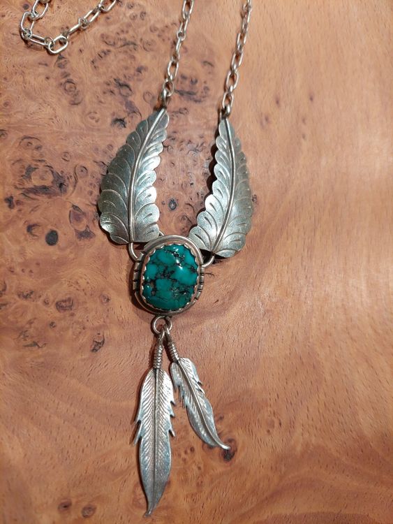 Halskette Mit Geburtsblumen-Anhänger Aus Türkis Und Sterlingsilber - Vintage Indianischer Schmuck
