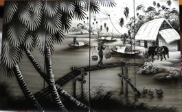 Kunst Vietnam Gemälde aus 4 Holz Panelen Lackmalerei