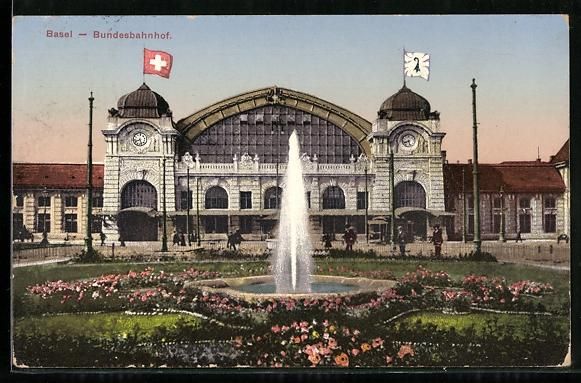 Cartoline postali: Basel, Bundesbahnhof mit Springbrunnen – Usato da Berlin venduto da bartko-reher