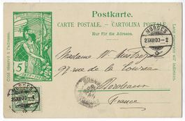 UPU-Karte 1900 5 Cts mit Zusatz-Frankatur nach Frankreich