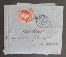 FRANCE 1860: Argentan – Caen, 80 c sur lettre, timbre plié