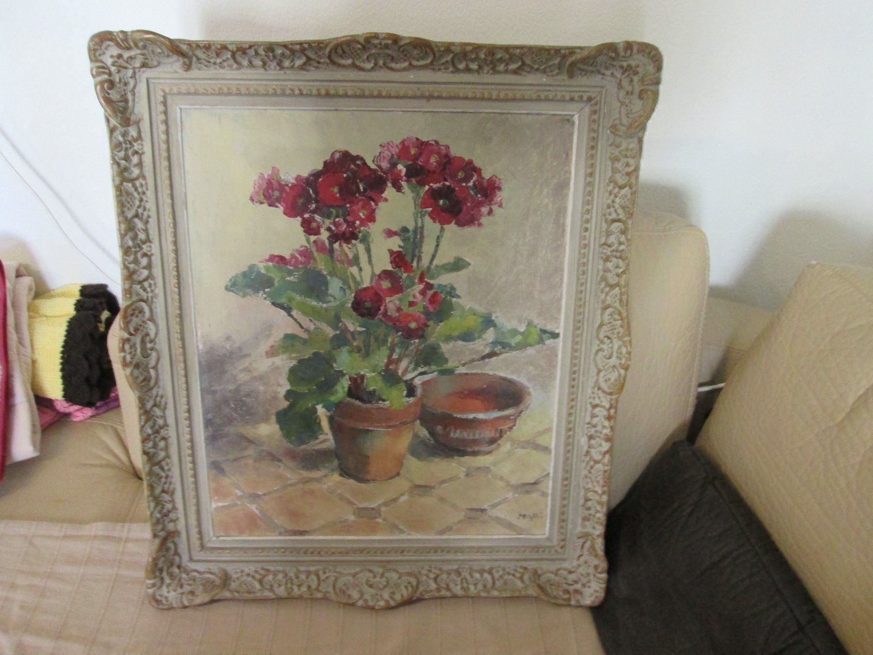 Dipinti: Tableau fleurs rouges, cadre décoratif peint à la main. – Usato da La Chaux-de-Fonds venduto da Marteaux
